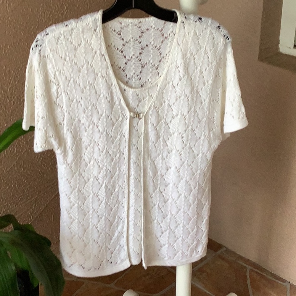 Sweater w matching under sheer crocheted look white size Med versatile light